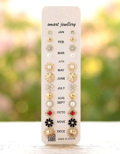 12 Pairs Minimalist Stud Earrings Card in Mix Floral Star Pearl Geometrical Shape