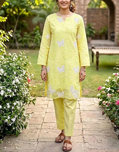 2-Piece Butterfly Design Schiffli Embroidered Lawn Dress for Girls