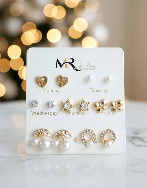 7 Pairs Minimalist Stud Earrings Set in Bow Floral Heart Star Shape for Jewelry Gift