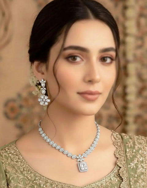Adorable Zircon Studded Bridal Necklace with Earrings