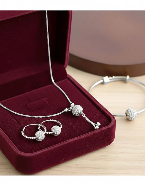 Minimalist Ball Shaped Zircon Pendant, Earrings & Bangle Set for Girls