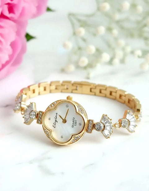 Minimalist Gold-Plated Stainless Steel Zircon Studded Bracelet Watch in Four Clover Design