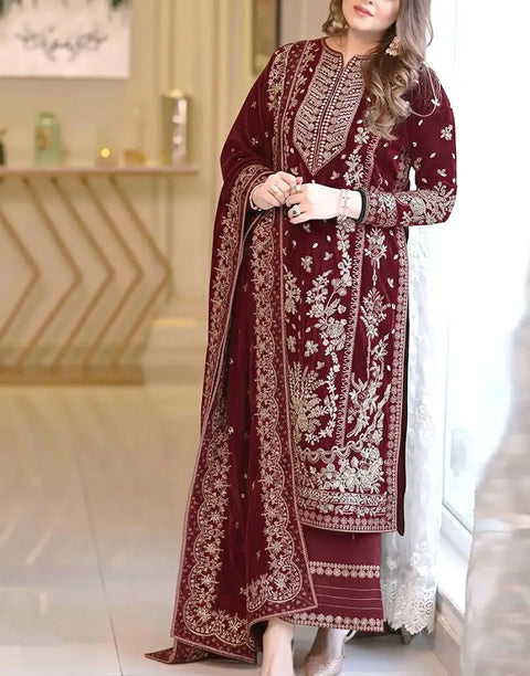 Aneela's Luxury Handwork Embroidered Maroon Chiffon Wedding Wear Dress