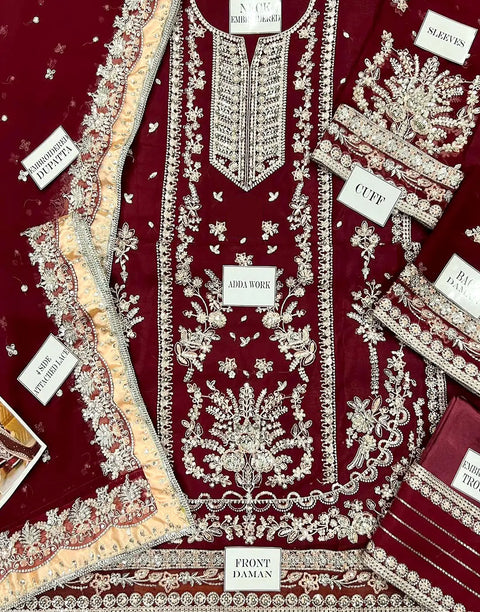 Aneela's Luxury Handwork Embroidered Maroon Chiffon Wedding Wear Dress