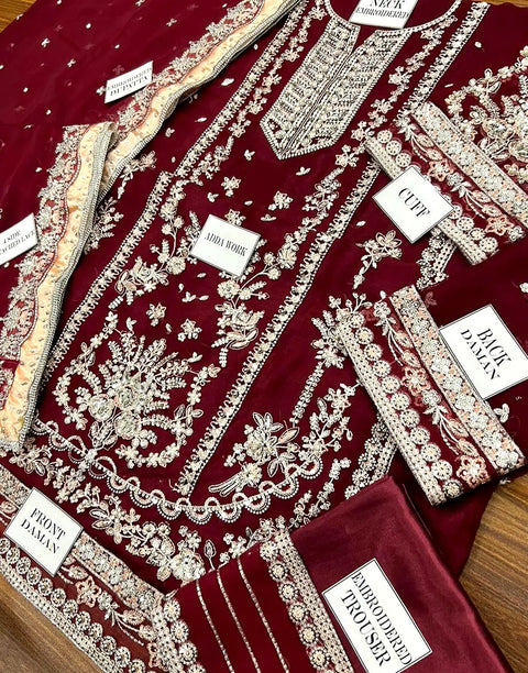 Aneela's Luxury Handwork Embroidered Maroon Chiffon Wedding Wear Dress