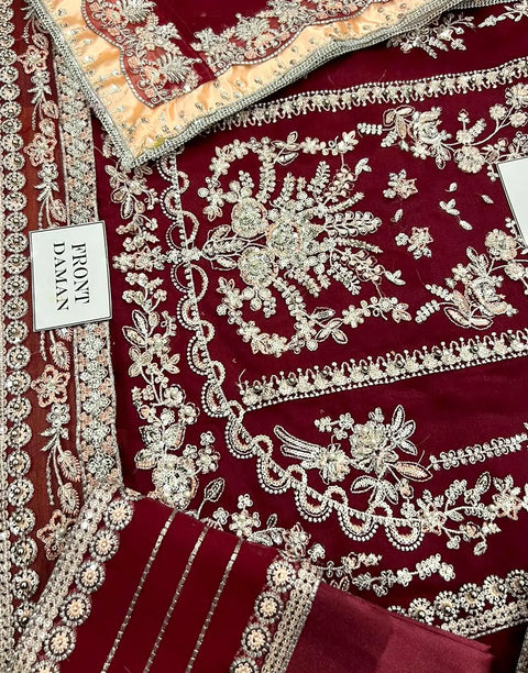 Aneela's Luxury Handwork Embroidered Maroon Chiffon Wedding Wear Dress
