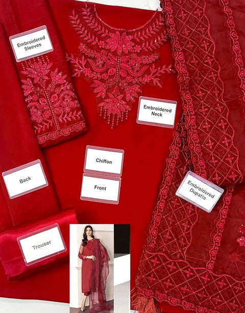 Affordable Fancy Embroidered Red Chiffon Party Dress with Silk Trouser