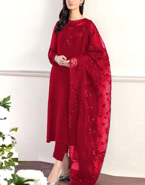 Affordable Fancy Embroidered Red Chiffon Party Dress with Silk Trouser