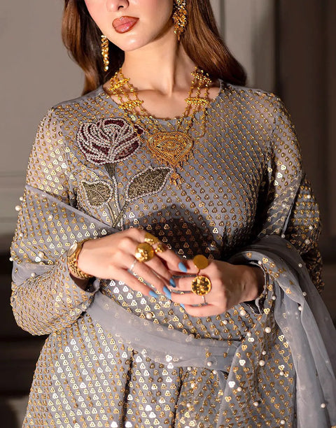 Glittering Sequins Embroidered Chiffon Party Wear Dress with Emb. Organza Dupatta