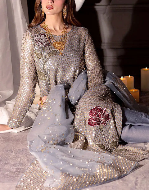 Glittering Sequins Embroidered Chiffon Party Wear Dress with Emb. Organza Dupatta