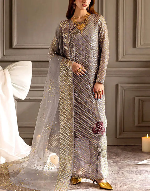 Glittering Sequins Embroidered Chiffon Party Wear Dress with Emb. Organza Dupatta