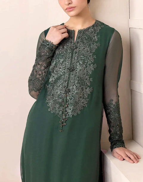 Heavy Embroidered Bottle Green Chiffon Party Wear Dress with Emb. Organza Dupatta