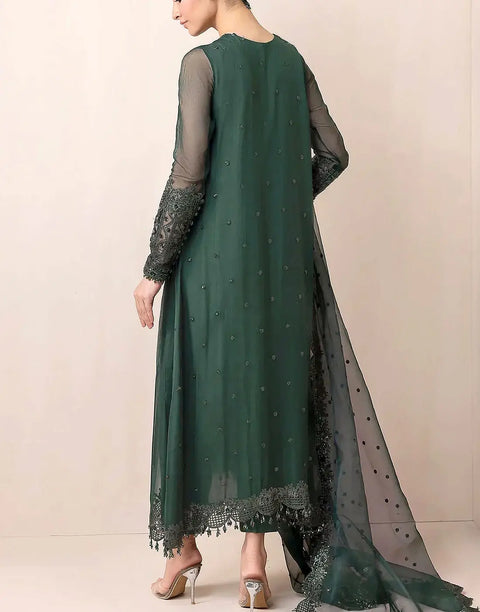 Heavy Embroidered Bottle Green Chiffon Party Wear Dress with Emb. Organza Dupatta