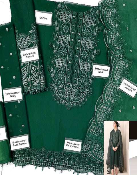 Heavy Embroidered Bottle Green Chiffon Party Wear Dress with Emb. Organza Dupatta