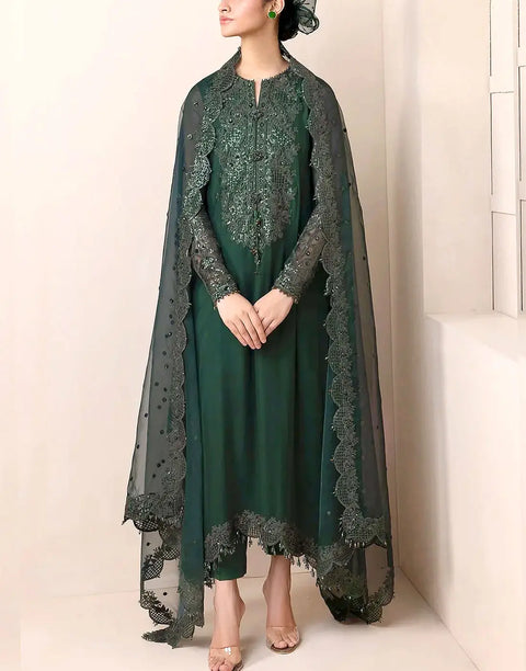 Heavy Embroidered Bottle Green Chiffon Party Wear Dress with Emb. Organza Dupatta