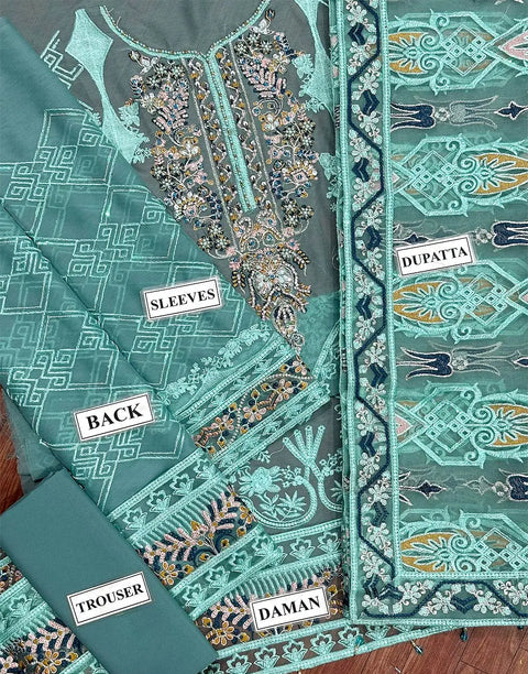 Luxury Heavy Embroidered Chiffon Party Wear Dress with Emb. Organza Dupatta