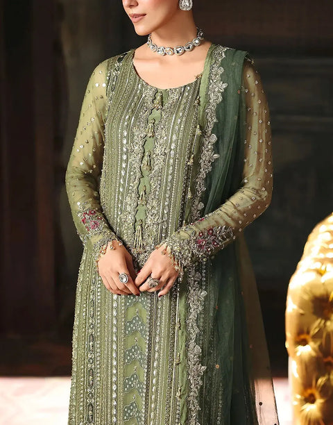 Heavy Embroidered Olive Green Chiffon Wedding Dress with Emb. NET Dupatta