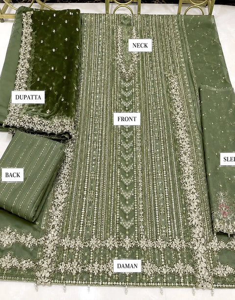 Heavy Embroidered Olive Green Chiffon Wedding Dress with Emb. NET Dupatta