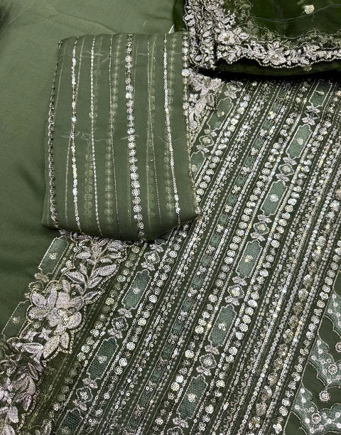 Heavy Embroidered Olive Green Chiffon Wedding Dress with Emb. NET Dupatta