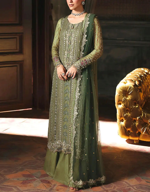 Heavy Embroidered Olive Green Chiffon Wedding Dress with Emb. NET Dupatta