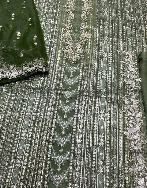Heavy Embroidered Olive Green Chiffon Wedding Dress with Emb. NET Dupatta