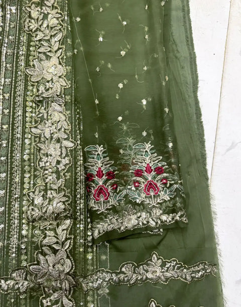 Heavy Embroidered Olive Green Chiffon Wedding Dress with Emb. NET Dupatta