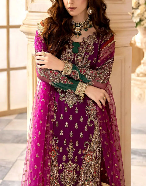 Heavy Embroidered Vibrant Magenta Chiffon Dress for Festive & Wedding Party Wear