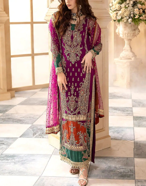 Heavy Embroidered Vibrant Magenta Chiffon Dress for Festive & Wedding Party Wear