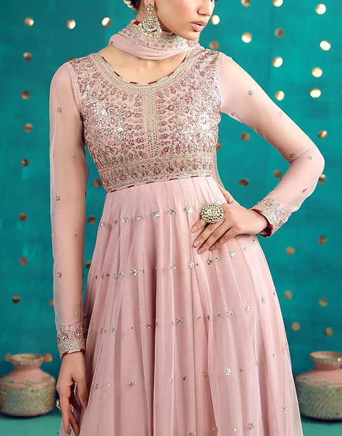 Elegant Embroidered Blush Pink Chiffon Maxi Dress for Formal Parties & Weddings