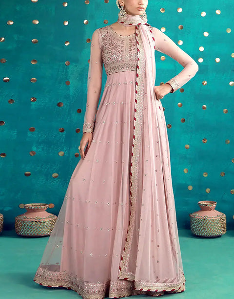 Elegant Embroidered Blush Pink Chiffon Maxi Dress for Formal Parties & Weddings