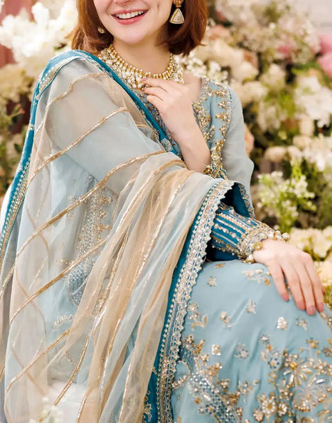 Glamorous Intricate Embroidered Powder Blue Chiffon Wedding Dress with Rich Hand Embellishments