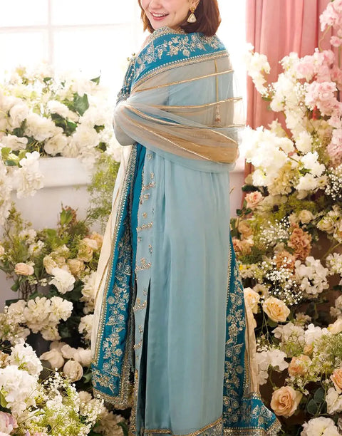Glamorous Intricate Embroidered Powder Blue Chiffon Wedding Dress with Rich Hand Embellishments