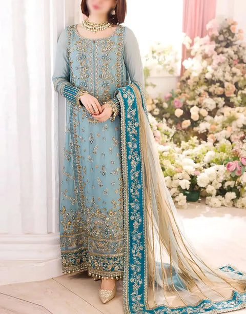 Glamorous Intricate Embroidered Powder Blue Chiffon Wedding Dress with Rich Hand Embellishments