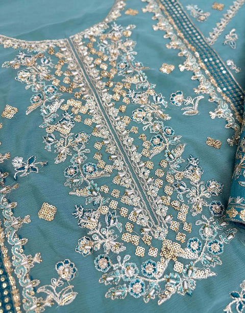 Glamorous Intricate Embroidered Powder Blue Chiffon Wedding Dress with Rich Hand Embellishments