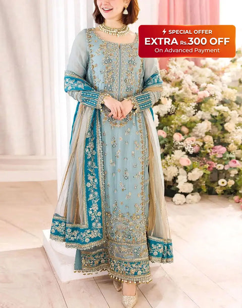 Glamorous Intricate Embroidered Powder Blue Chiffon Wedding Dress with Rich Hand Embellishments