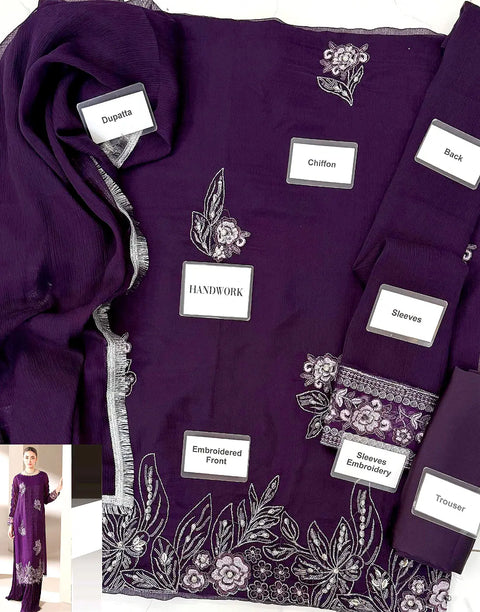 Fancy Handwork Embroidered Purple Chiffon Party Wear Dress