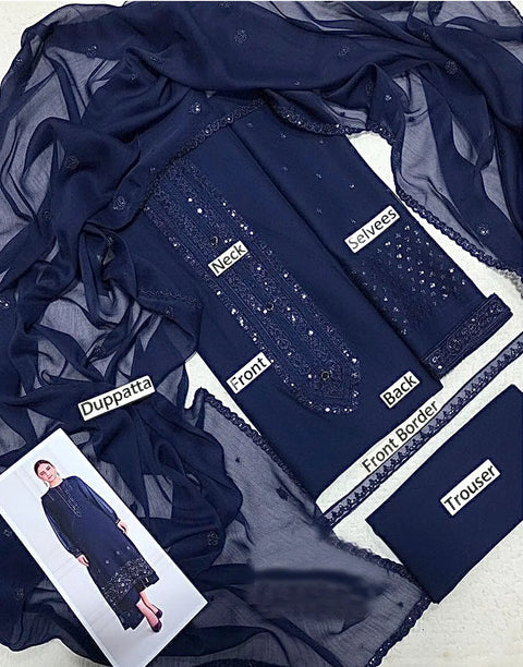 Decent Embroidered Navy Blue Chiffon Party Wear Dress Design
