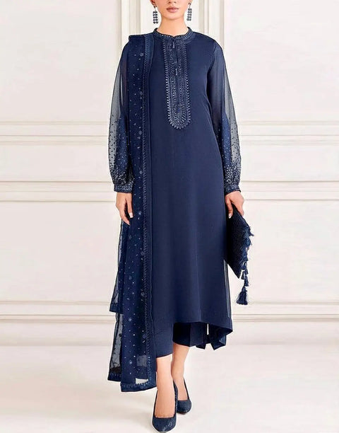 Decent Embroidered Navy Blue Chiffon Party Wear Dress Design