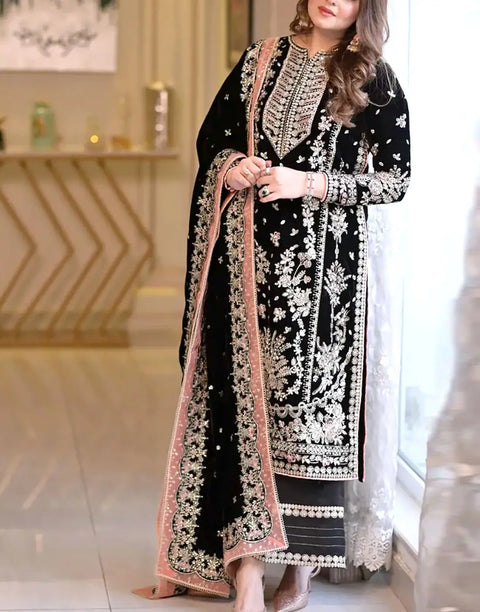 Aneela's Luxury Handwork Embroidered Black Chiffon Wedding Wear Dress