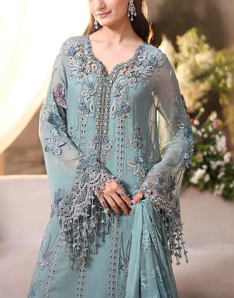 Luxurious Heavy Embroidered Dusty Blue Chiffon Wedding Dress 2026 with Handcrafted Detailing