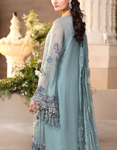 Luxurious Heavy Embroidered Dusty Blue Chiffon Wedding Dress 2026 with Handcrafted Detailing