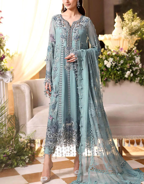 Luxurious Heavy Embroidered Dusty Blue Chiffon Wedding Dress 2026 with Handcrafted Detailing