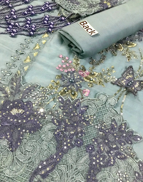Luxurious Heavy Embroidered Dusty Blue Chiffon Wedding Dress 2026 with Handcrafted Detailing
