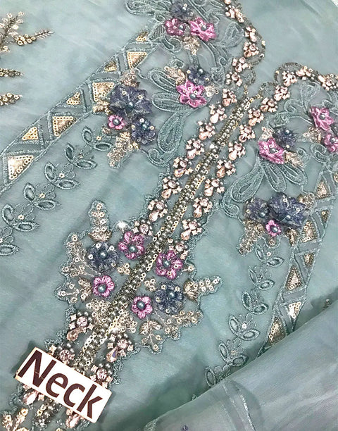 Luxurious Heavy Embroidered Dusty Blue Chiffon Wedding Dress 2026 with Handcrafted Detailing
