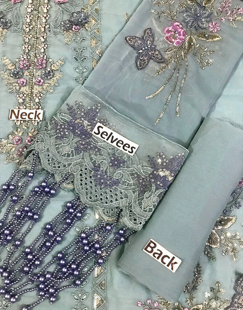 Luxurious Heavy Embroidered Dusty Blue Chiffon Wedding Dress 2026 with Handcrafted Detailing
