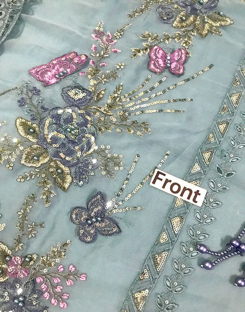 Luxurious Heavy Embroidered Dusty Blue Chiffon Wedding Dress 2026 with Handcrafted Detailing