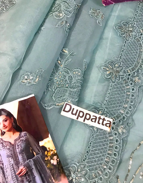 Luxurious Heavy Embroidered Dusty Blue Chiffon Wedding Dress 2026 with Handcrafted Detailing