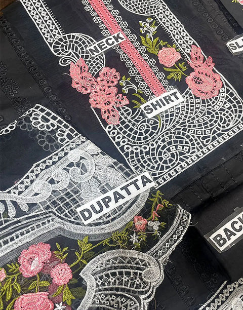 Luxury Schiffli Embroidered Black Cotton Lawn Dress with 4-Side Emb. Chiffon Dupatta