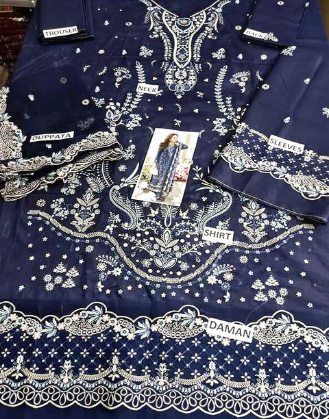 Heavy Embroidered Navy Blue Cotton Party Dress with Emb. Chiffon Dupatta