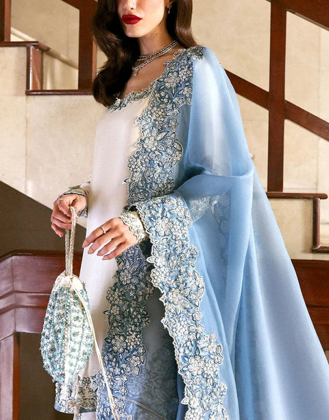 Adorable Intricate Embroidered White Cotton Lawn Dress with Embroidered Organza Dupatta